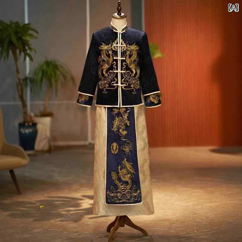 礼服 メンズ 成人男性用 シュウホーフク 中華風 花むこ御召しもの 華燭の典 交歓会 御祝い タンソウ カンフク フォーマルウェア ポリエステル 龍柄 刷り上げる柄 途轍も無い大きさ ビッグ大きさ
