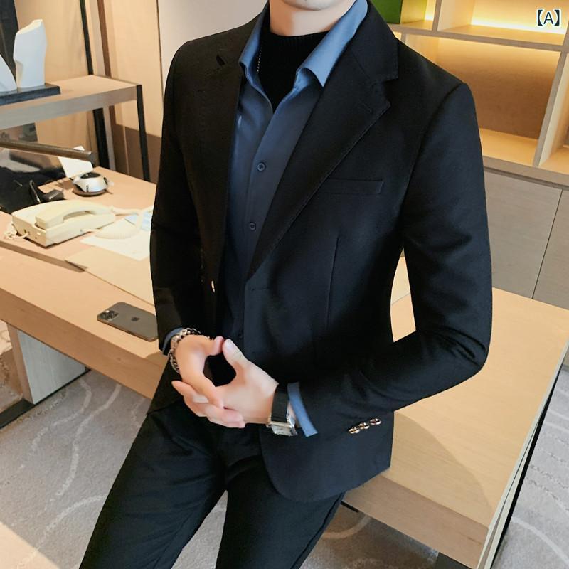 ジャケット メンズ 男性用 シングルブレスト 2つボタン スリムフィット 無地 ビジネス カジュアル ビジカジ 通勤 オフィス 普段使い 秋冬 テーラード ブレザー ポリエステル 混紡 色落ちしにくい センターベント ブラック｜ラ・グラーヌ