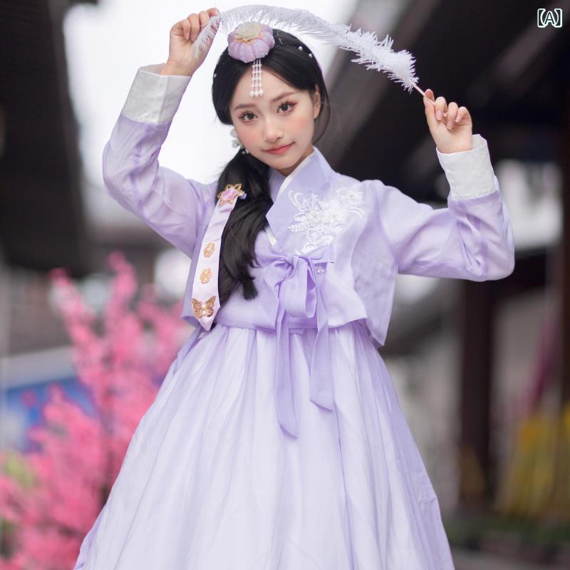韓服 レディース 韓国宮廷風 プリンセスライン 民族衣装 優雅 上品 舞踊 ダンス 発表会 撮影 旅行 イベント 舞台 演出服 コスプレ 春夏 パープル ポリエステル メッシュ