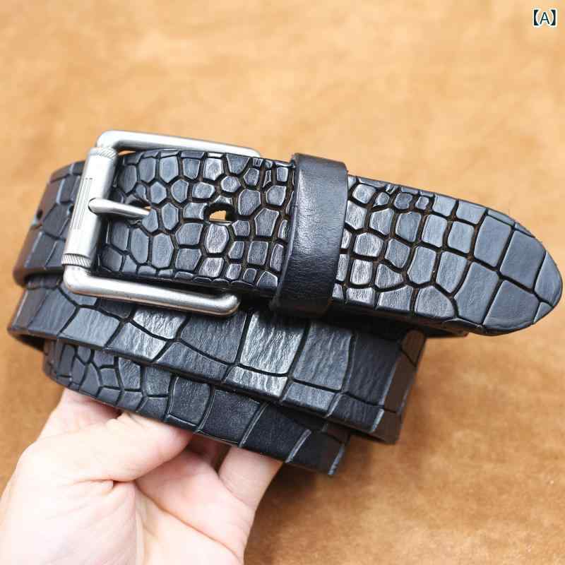 ベルト メンズ 幅3.8cm イタリアンレザー 厚手 一枚革 牛革 本革 クロコダイル型押し レトロ ヴィンテージ カジュアル ジーンズ デニム用 ウエストベルト
