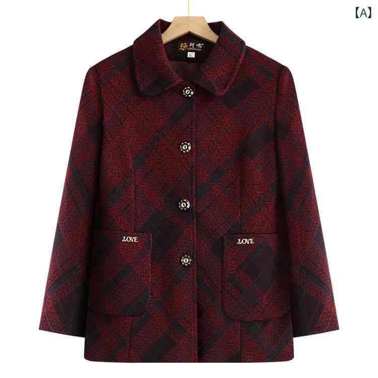 アウター シニア レディース 祖母 母親向け 春秋 ジャケット 綿混 ポケット付き 上品 エレガント きれいめ 通勤 オフィス 普段使い レッド 赤系 ブラウン 茶系