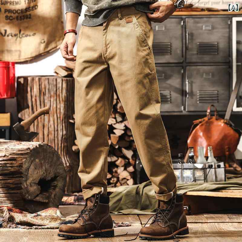 ワークパンツ メンズ アメカジ レトロ アースカラー 300g ヘビーウェイト コットン 綿100% ルーズ ワイド ストレート イージーケア 春夏 普段使い アウトドア カジュアル ボトムス