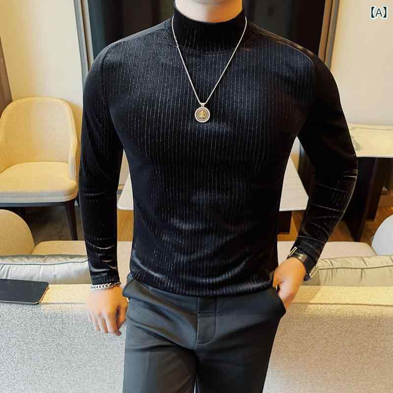 Tシャツ メンズ 男性用 秋冬 モックネック 長袖 ベロア ポリエステル混紡 スリムフィット カットソー インナー カジュアル きれいめ デイリーユース 光沢感 ストレッチ素材 暖か 肌触り良い