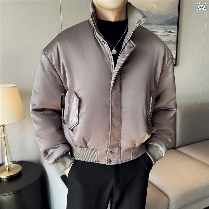 中綿ジャケット メンズ 男性用 ショート丈 厚手 柔らかフェイクレザー スタンドカラー ダウン風アウター 保温 防寒 カジュアル デイリーユース 切り替えデザイン ラウンドヘム 秋冬|ラ・グラーヌ