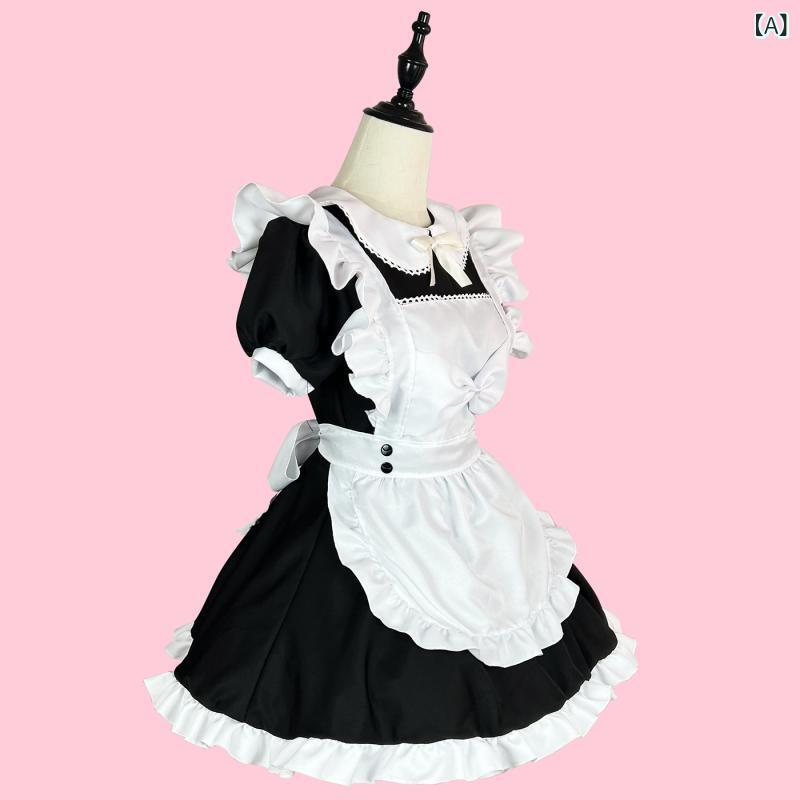 メイド服 レディース 女性用 アニメ ロリータ風 かわいい コスチューム 衣装 リボン フリル 大きいサイズ ビッグサイズ ゆったり ハロウィン 仮装 イベント パーティー ブラック 黒 ポリエステル
