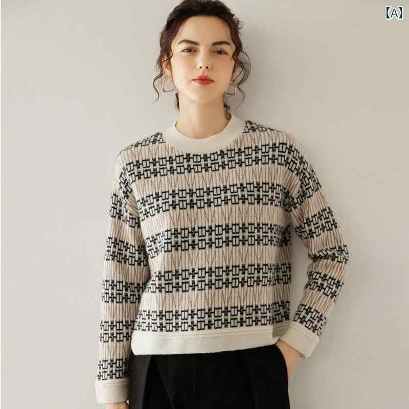 ニット セーター トップス レディース 女性用 純カシミヤ カシミア プルオーバー ラウンドネック 丸首 長袖 黒白 ストライプ柄 ボーダー柄 秋冬 通勤 オフィス カジュアル