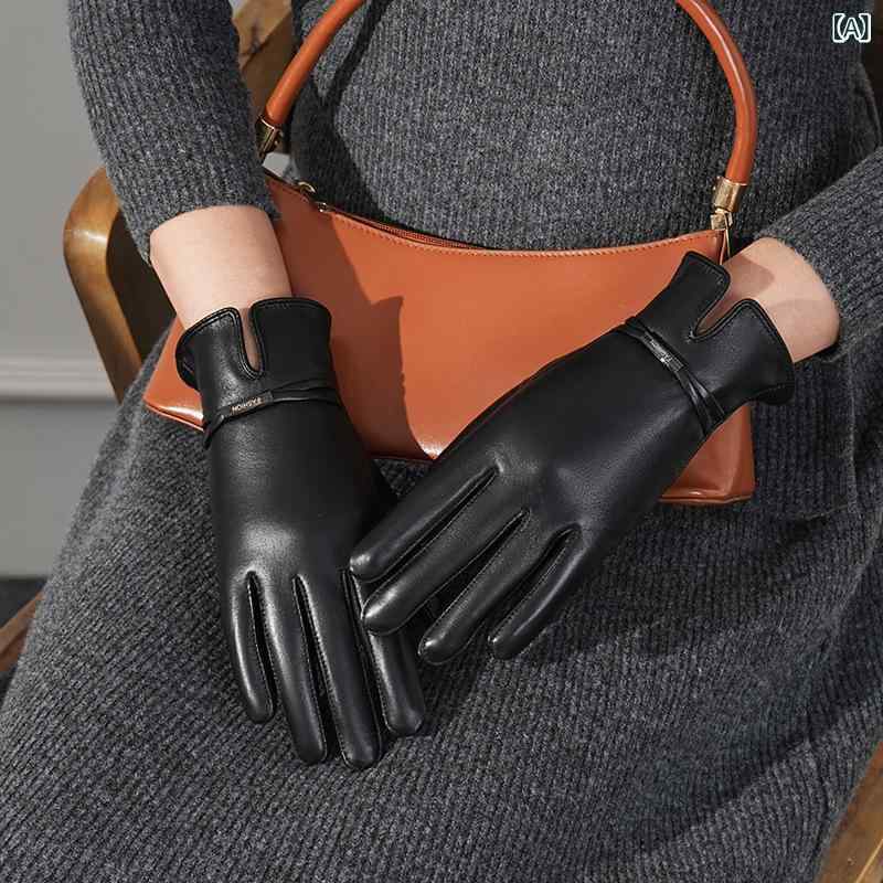 手袋 レディース レザー 羊革 グローブ 秋冬 裏起毛 厚手 防寒 保温 暖かい ドライブ サイクリング 防風 おしゃれ タッチスクリーン対応 スマホ対応 ブラック キャメル