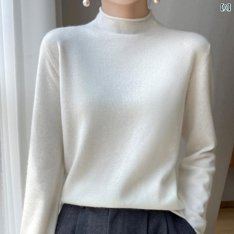 レディース カシミール 編み物 モックネック ティーシャツ ロールヘム 長袖 トップス ゆったり ルーズフィット 無地 秋冬 好いたらしいめ 成年者心地好い