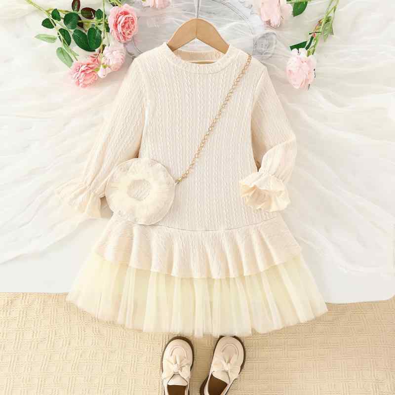 ワンピース 女の子 秋 ニット 長袖 切り替え チュール レース オフホワイト ラウンドネック Aライン かわいい 上品 ソフトな肌触り お出かけ 普段着