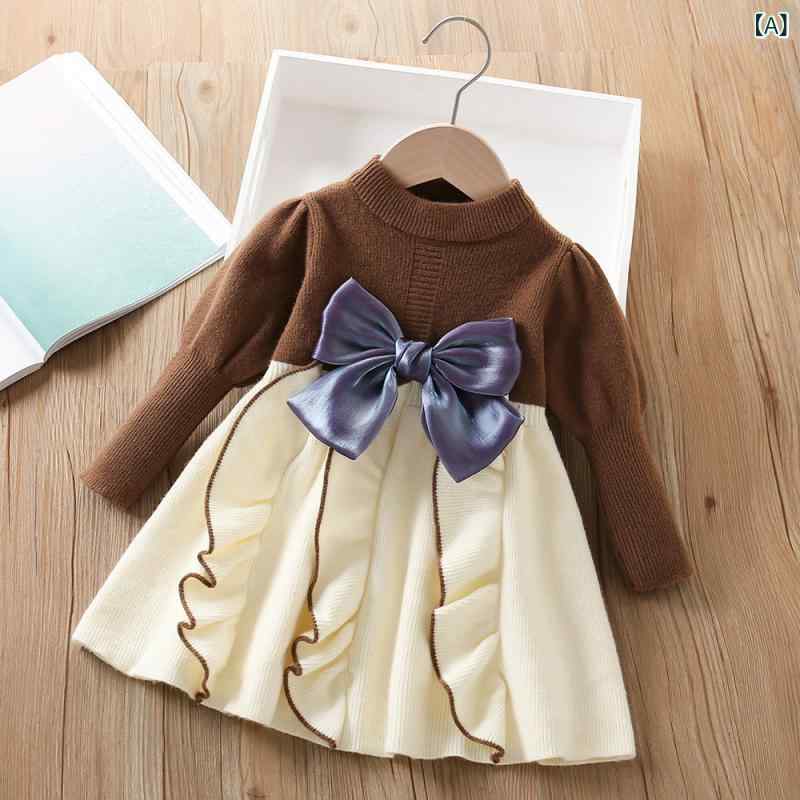 ワンピース 女の子 子供服 ニット アクリル 秋冬 韓国風 おしゃれ リボン 長袖 プルオーバー かわいい 柔らかい肌触り Aラインシルエット 普段着 お出かけ
