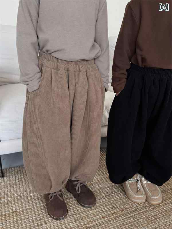 ボトムス キッズ 男女兼用 秋冬 裏起毛 厚手 綿混 チェック柄 バルーンパンツ 九分丈 普段使い 伸縮性 ハイウエスト ウエストゴム ゆったり 柔らかい カーキ ブラック グレー ブラウン