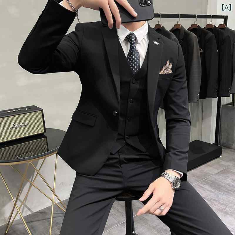 スーツ メンズ 男性用 スリーピース スリムフィット 細身 ノーアイロン 形状記憶 大きいサイズ フォーマル ビジネス 結婚式 披露宴 冠婚葬祭 オフィス 通勤 礼服 ポリエステル 無地 黒 グレー系