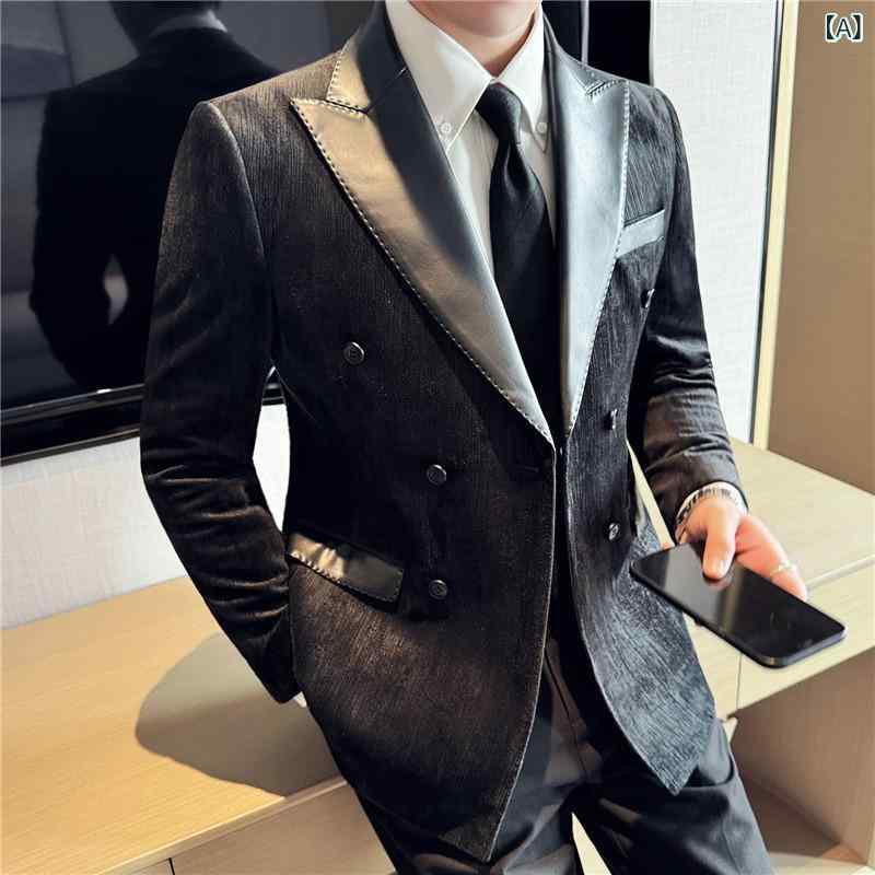 ジャケット メンズ 男性用 ダブルブレスト ピークドラペル レザー調切り替え カジュアル スリムフィット しわになりにくい 韓国風 ポリエステル 秋冬 ブラック コーヒー