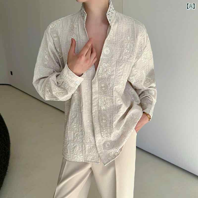 シャツ メンズ 男性用 立ち襟 長袖 刺・墸 パール ラインストーン 錦麻ジャカード リネン 麻 ゆったり ルーズフィット ストレッチ 裏起毛 厚手 上品 エレガント 秋冬 カーキ トップス