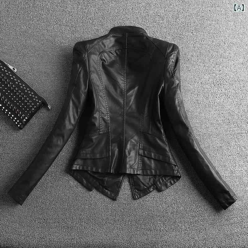 レザージャケット レディース 女性用 ライダースジャケット スリムフィット ショート丈 スタンドカラー 長袖 春秋 韓国ファッション カジュアル きれいめ スタイルアップ ブラック