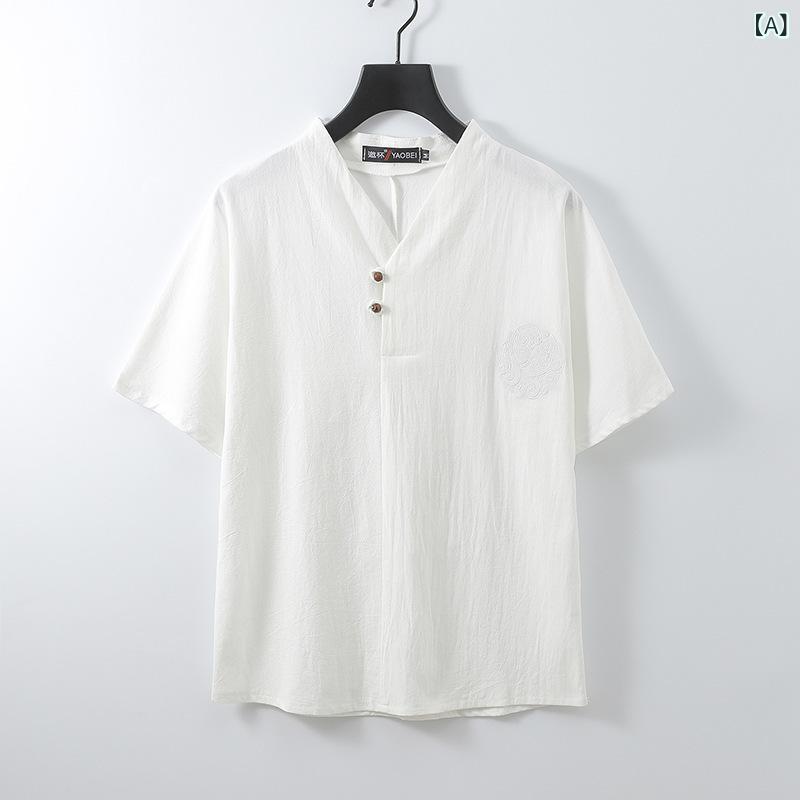 Tシャツ メンズ 男性用 春夏 半袖 Vネック 中国風 チャイナボタン レトロ 民族風 綿麻 吸湿速乾 ゆったり ビッグシルエット カジュアル 普段使い 無地 トップス 白 黒