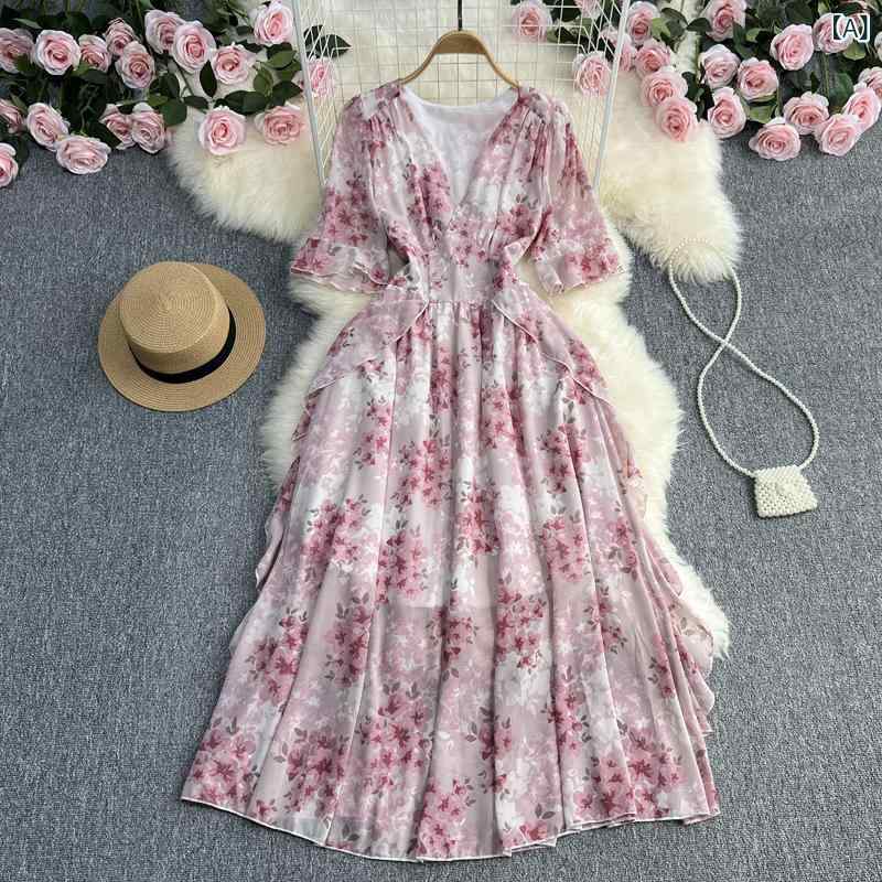 ワンピース レディース フレンチ 小花柄 春夏 ハイウエスト 着痩せ シフォン Vネック パフスリーブ ミディ丈 フレア 上品 リゾート ドレス