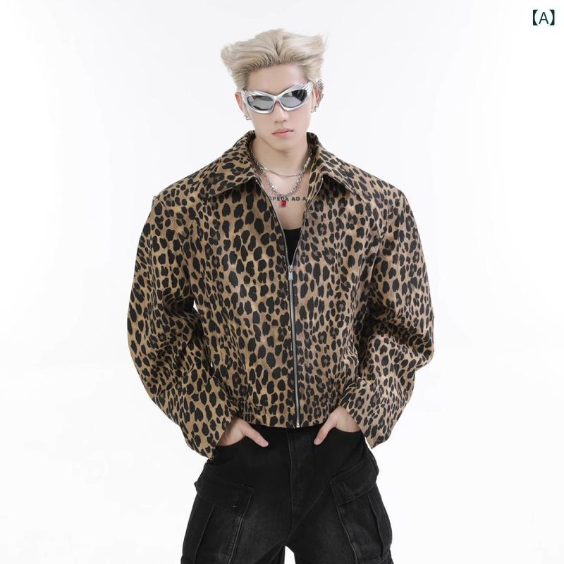 ジャケット メンズ 男性 アメリカン ヒョウ柄 デニム Gジャン 襟付き 肩パッド オーバーサイズ ゆったり デザイン性 春秋 カジュアル アウター
