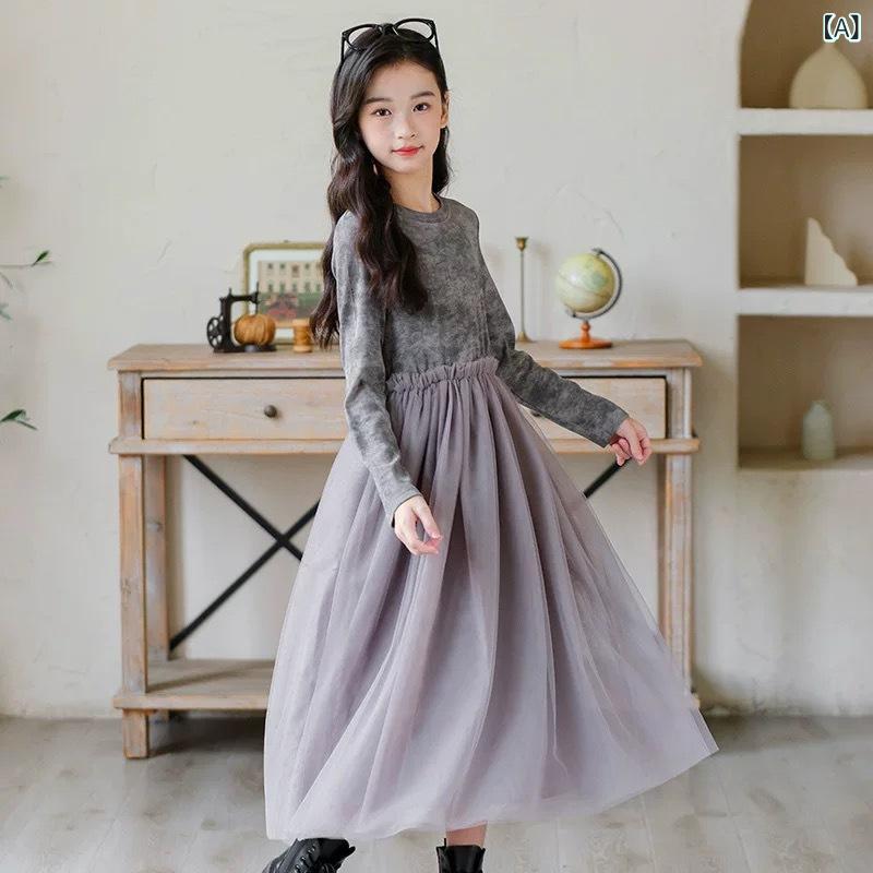 ワンピース 女の子 キッズ ジュニア 春夏 チュール メッシュ 切り替え ニット コットン スリム Aライン ミドル丈 ロング丈 かわいい ガーリー レトロ おしゃれ 上品 普段使い お出かけ グレー ブラウン