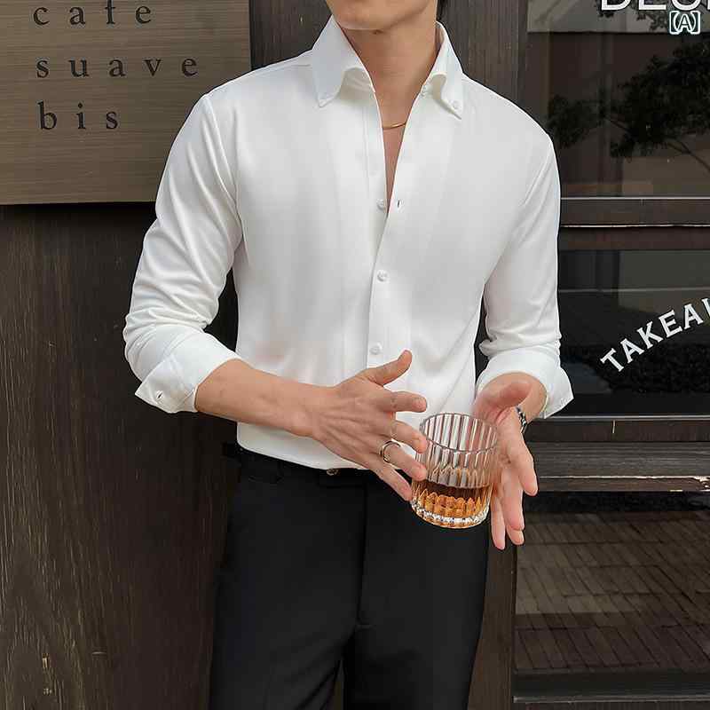 シャツ メンズ 男性用 長袖 ボタンダウン スリムフィット 形態安定 ノーアイロン ドレープ とろみ ビジネス カジュアル 通勤 オフィス 普段使い 無地 ポリエステル ホワイト 春秋