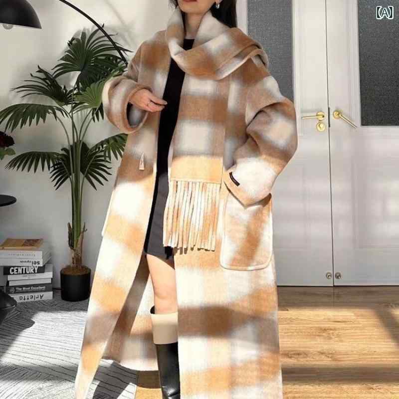 コート レディース カシミヤ混ウール ダブルフェイス チェック柄 ロング丈 レトロ クラシック ゆったり スタイルアップ 通勤 オフィス カジュアル 秋冬 アウター｜ラ・グラーヌ