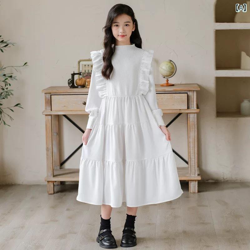 ワンピース 女の子 ガールズ キッズ 子供服 白 ホワイト ミディ丈 膝丈 ティアードスカート フレア プリンセスライン シフォン ポリエステル 韓国ファッション おしゃれ 上品 エレガント かわいい ふんわり 普段使い お出かけ フォーマル 発表会 春