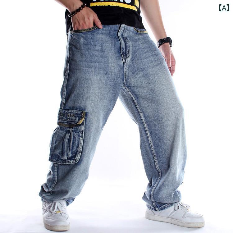 デニムパンツ メンズ ルーズフィット ゆったり 太め ビッグシルエット ストレート マルチポケット ロング丈 コットン100% ウォッシュ加工 刺・墸 ダメージ加工 ヒップホップ ストリート カジュアル 男性用 長ズボン