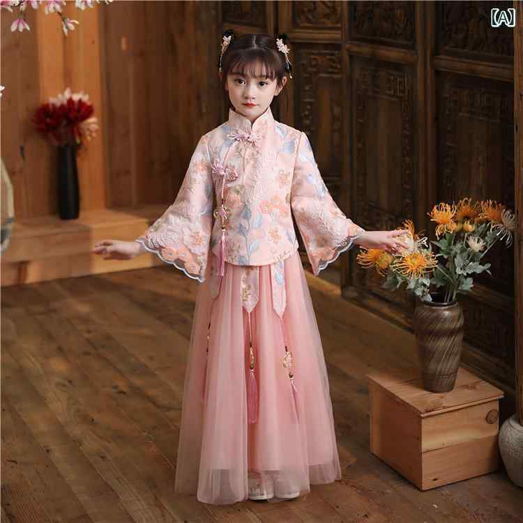 チャイナドレス キッズ 女の子 子供用 中国風 レトロ 唐装風 花柄 プリンセス チュールスカート レース かわいい 発表会 演奏会 ステージ衣装 フォーマルドレス ポリエステル