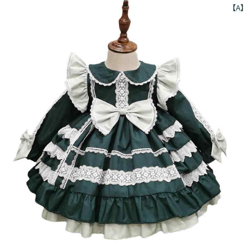 キッズ 女の子 ワンピース ロリータ プリンセスドレス スペイン風 Aライン ふんわり ボリューム レース コットン 春秋 ダークグリーン 発表会 パーティー お出かけ 誕生日