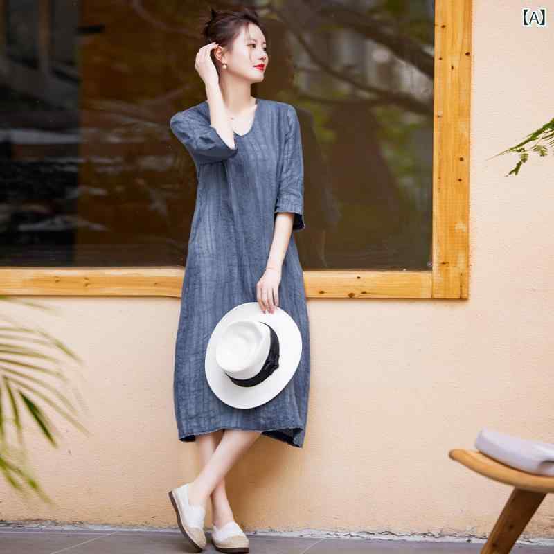 ワンピース レディース 秋 リネン 麻 ウォッシュ加工 七分袖 ゆったり シワ加工 フリンジ ユーズド加工 ロング丈 Aライン デニムブルー 文芸風 レトロ カジュアル