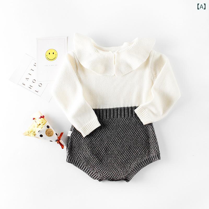 ロンパース 女の子 ベビー 赤ちゃん 幼児 新生児用 かわいい 肌に優しい 春秋 丸襟 ニット 毛糸 長袖 綿 コットン100% カバーオール オールインワン