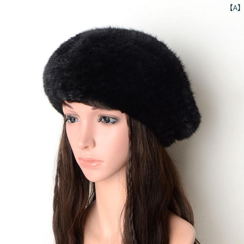 ベレー帽 レディース 女性用 ミドルエイジ シニア向け ミンクファー 編み込み ニット帽 厚手 あったか 保温 防寒 伸縮性 ストレッチ 秋冬 上品 ブラック ワインレッド
