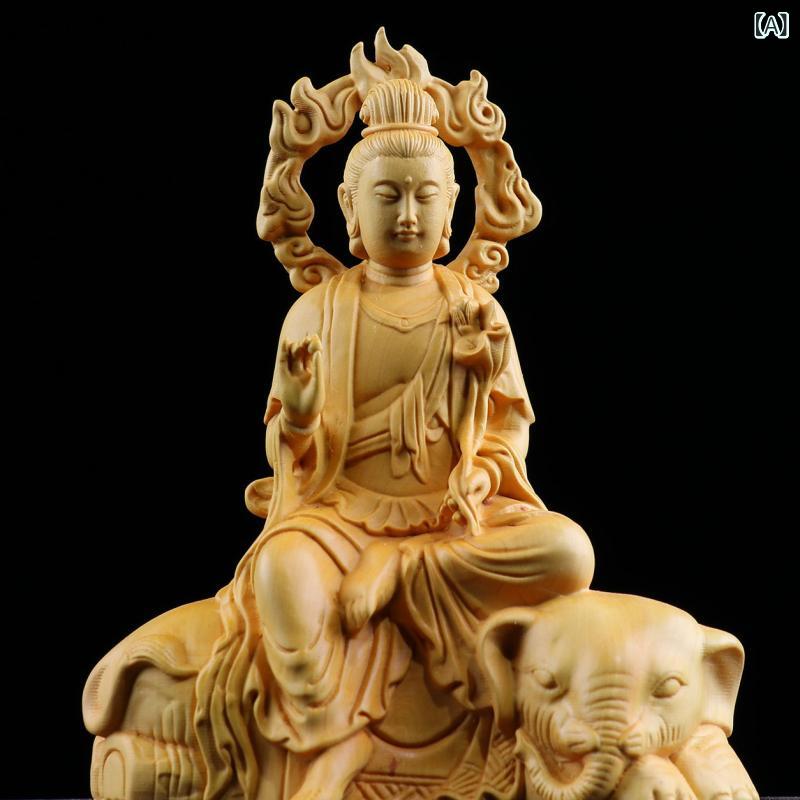 仏像 黄楊木彫刻 文殊菩薩 普賢菩薩 純乎たる材 飾りつけ オブジェ 学習能力 真実 入り口・入口 リビング 室内装飾飾りつけ 細かく 木彫り 手彫り 開運 縁起物 今めかしい アジアン