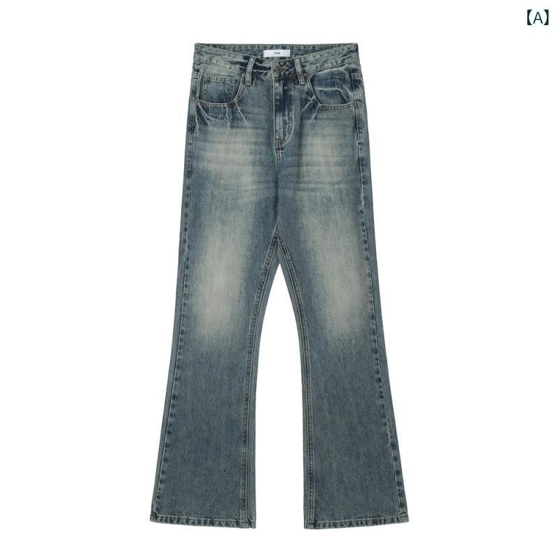 デニムパンツ メンズ ジーンズ セミフレア ブーツカット ゆったり ルーズフィット ワイドレッグ ウォッシュ加工 切り替え バイカラー コットン 綿 長ズボン カジュアル ストリートファッション ブルー系