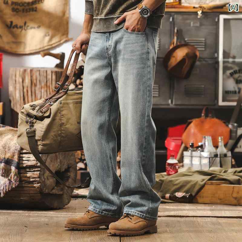 デニムパンツ メンズ グレイシャーブルー 淡色 アメリカンレトロ 微フレア ストレート ルーズフィット 綿 ウォッシュ加工 薄手 ミドルウエスト 5ポケット ノンストレッチ 春秋 カジュアル