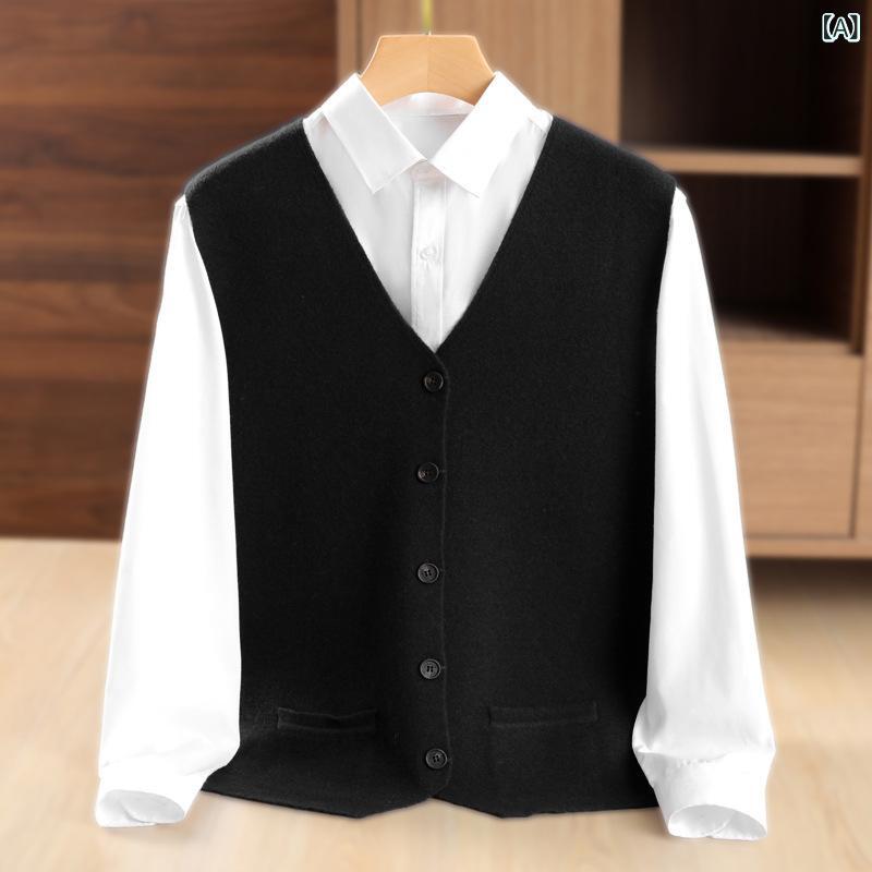 ベスト メンズ 男性用 秋冬 冬 厚手 暖かい Vネック ボタン付き 前開き ニット ソフト ウール カシミヤ ジレ カジュアル 普段使い ブラック グレー ネイビー