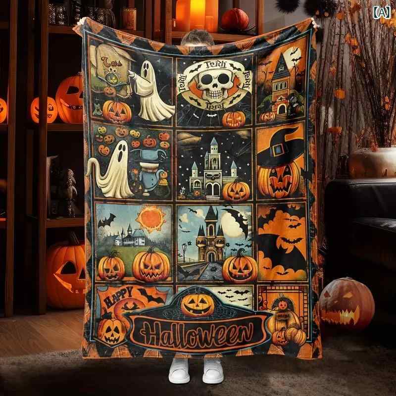 ブランケット フランネル 毛布 ハロウィン カボチャ おばけ スカル柄 柔らか 暖かい ポリエステル素材 ソファカバー マルチカバー リビング 寝室 四季通用 通年 現代風 モダン シンプル