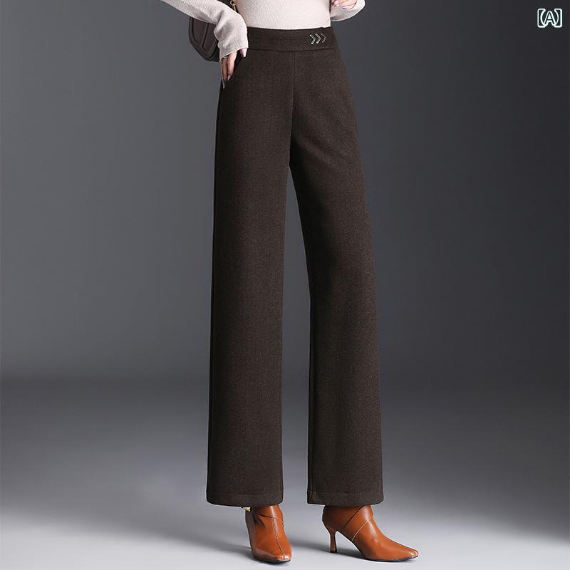 パンツ レディース 女性用 ウール混 ポリエステル素材 ゆったり ワイドパンツ ハイウエスト 厚手 上品 秋冬 暖か 通勤 オフィス カジュアル ブラウン ブラック オートミール