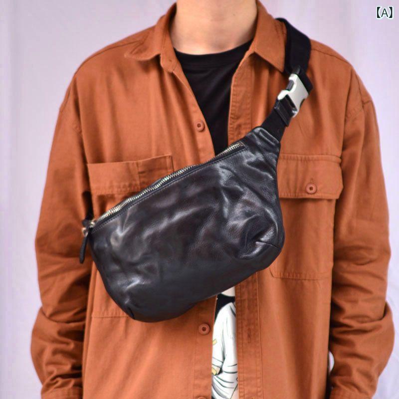 ボディバッグ メンズ 男性用 本革 牛革 防水 耐摩耗 軽量 収納力 ワンショルダー 斜め掛け ウエスト ヒップ ショルダー アメカジ レトロ ヴィンテージ バイク 旅行 カジュアル 普段使い ブラック ブラウン 鞄 高級感