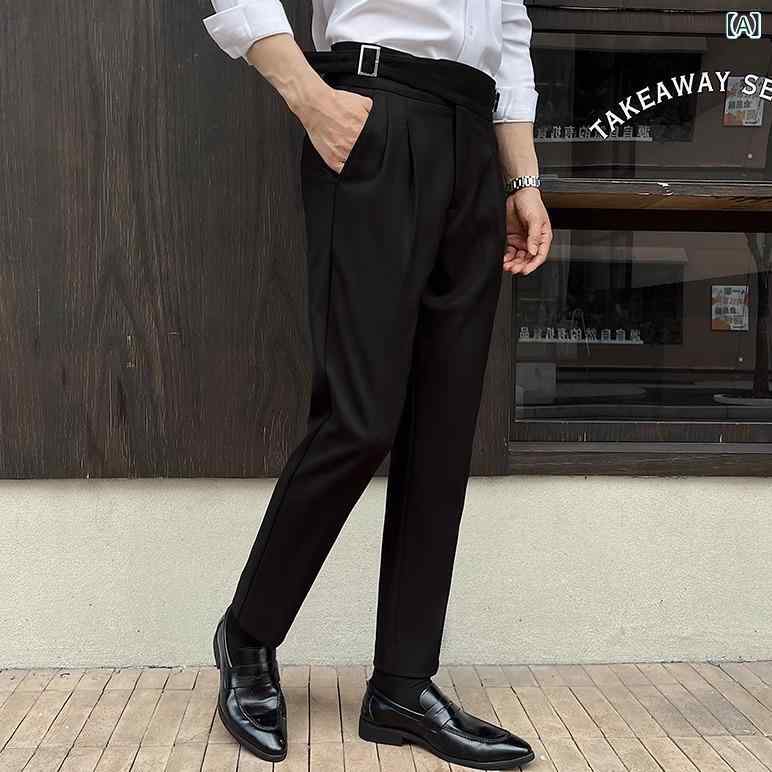 スラックス メンズ 男性用 秋冬 厚手 ストレッチ ハイウエスト 立体プリーツ 脚長効果 スタイルアップ ストレート ポリエステル ビジネス カジュアル 通勤 オフィス アンカラレッド