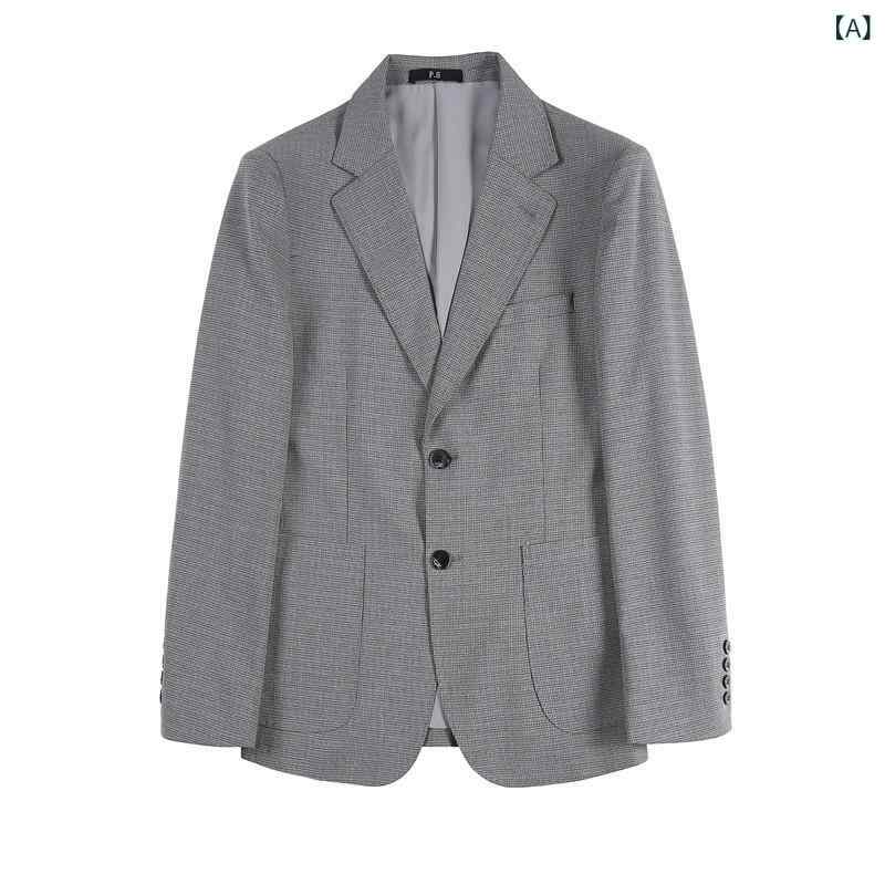 テーラードジャケット メンズ 男性用 秋冬 スリム 細身 小格子柄 ダブルブレスト 二つボタン 軽ビジネス カジュアル オフィス 通勤 普段使い ポリエステル グレー 先染め
