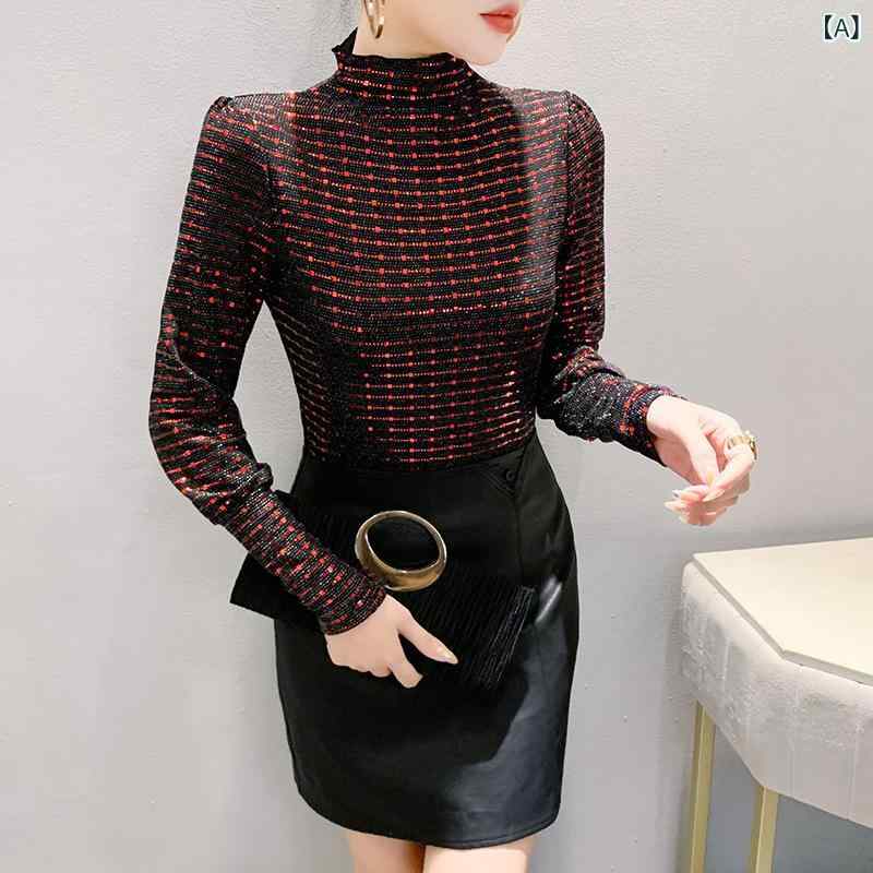 Tシャツ 女性用 秋冬 スリムフィット ハイネック 長袖 スパンコール インナー カットソー ポリエステル 着痩せ効果 きれいめ 通勤 オフィス カジュアル 着回し 万能 トップス
