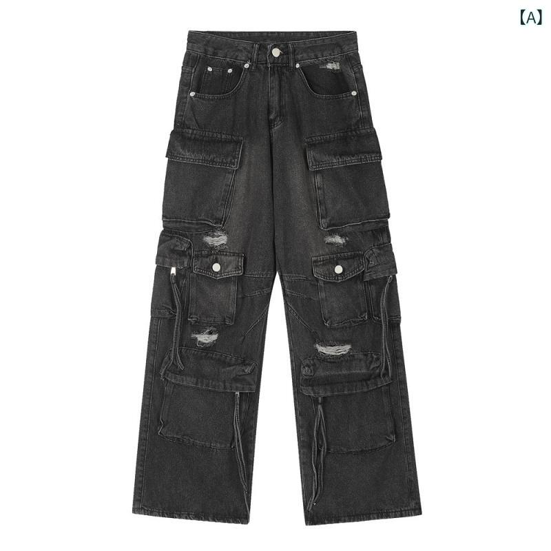 デニムパンツ メンズ ストリート パンク ワークスタイル 機能性 マルチポケット ウォッシュ加工 ダメージ加工 ルーズフィット ワイドレッグ ストレートシルエット ロング丈