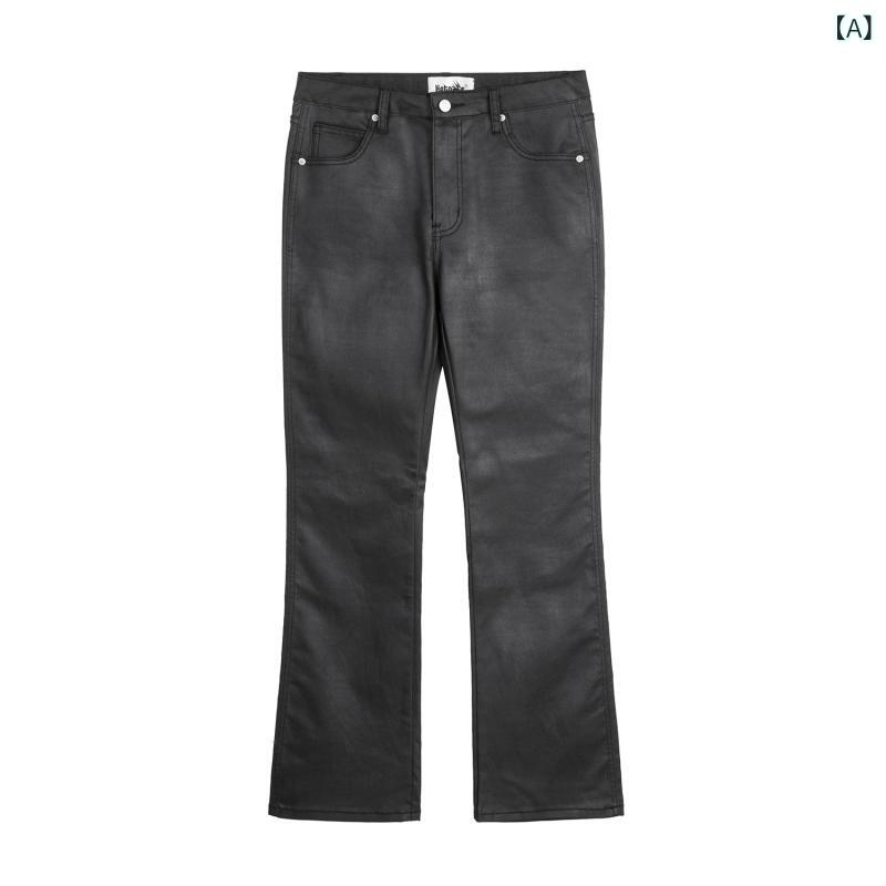 ロングパンツ メンズ フレアシルエット ブーツカット ルーズフィット ワックス加工 光沢感 無地 ブラック カジュアル ストリート アメカジ アメリカンスタイル ポリエステル 通気性
