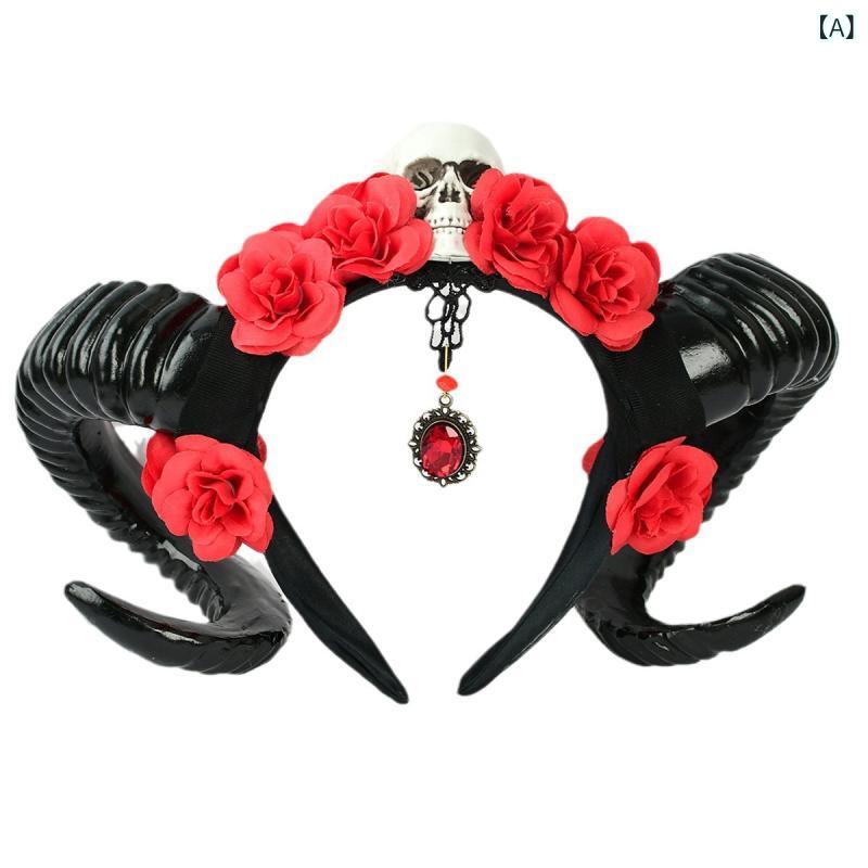 ヘアアクセサリー 男女兼用 羊角 角付き バラ 薔薇 スカル ドクロ レース ベール ゴシック パンク ロック ヘッドドレス 仮装 コスプレ ハロウィン パーティー イベント 舞台 ハンドメイド 手作り プラスチック 樹脂 個性的 存在感 ファッション小