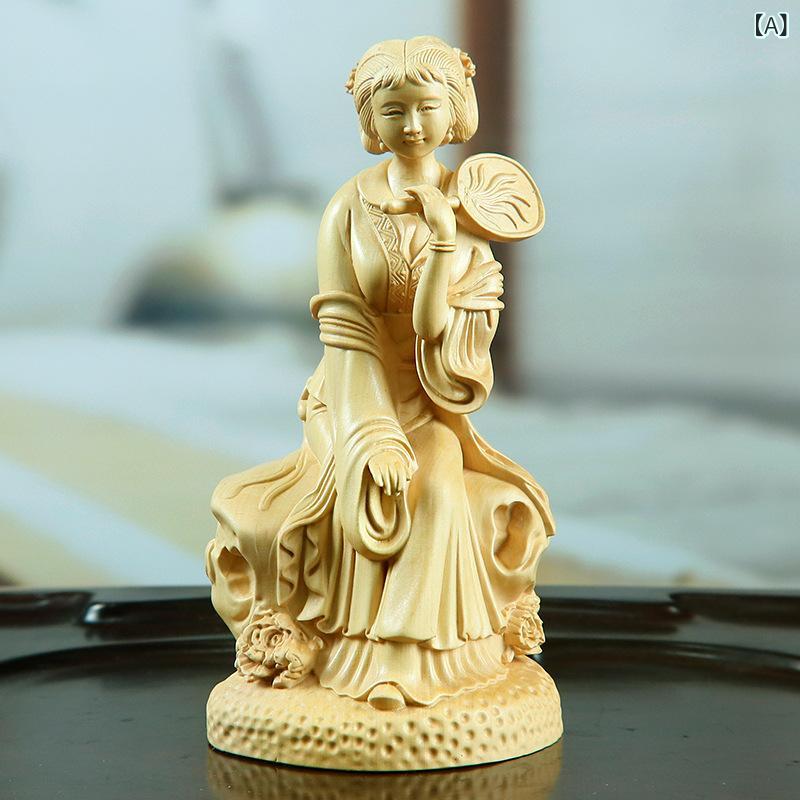置物 黄楊木 ツゲの木彫り 紅楼夢 宝釵 美人像 女性像 中国風 インテリア オブジェ 工芸品 美術品 コレクション 鑑賞 精密彫刻