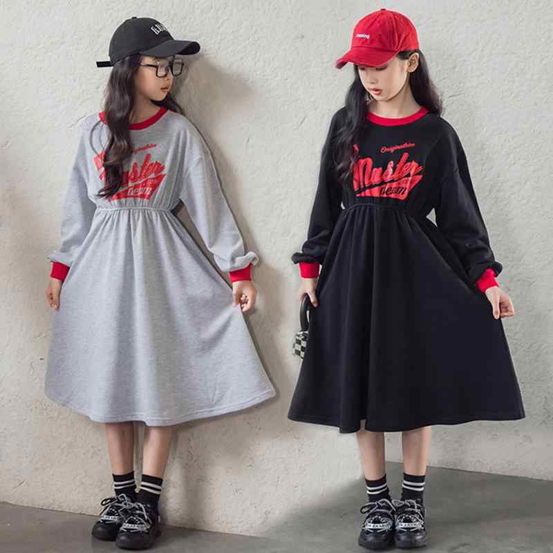 ワンピース キッズ 女の子 スウェット 春夏 アルファベット柄 ロゴ 長袖 綿 コットン カジュアル ゆったり オーバーサイズ Aライン フレア フリル裾 子供服 韓国ファッション