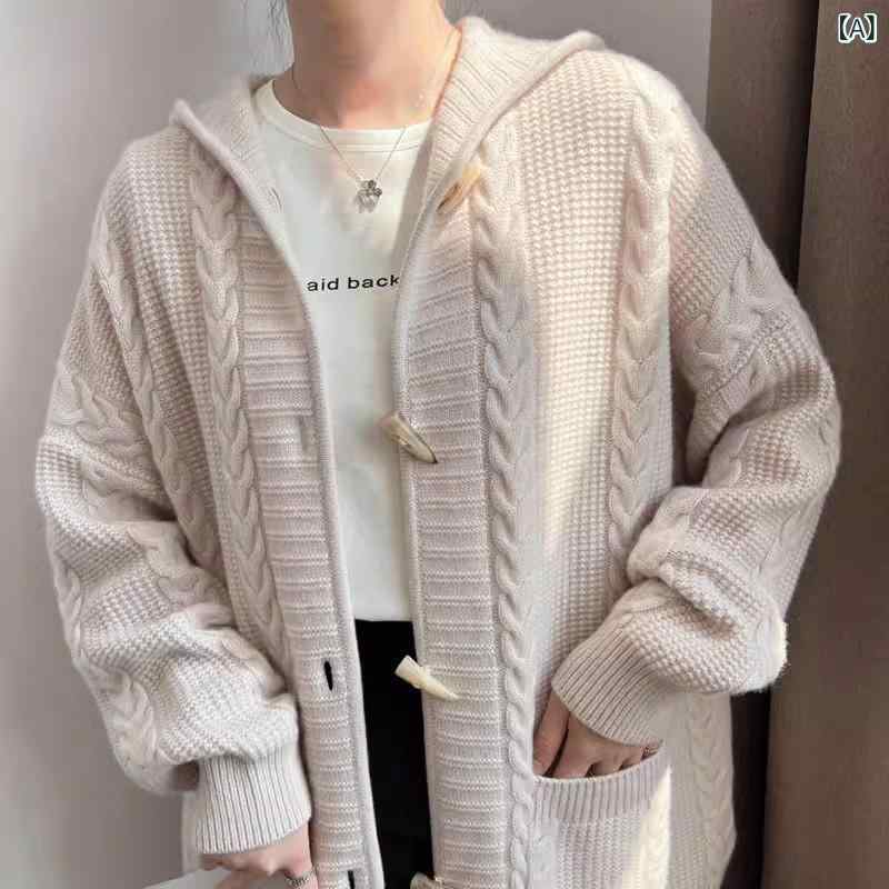 レディース オフホワイト カシミヤウール ニットカーディガン フード付き ケーブル編み トグルボタン 厚手 ショート丈 ゆったり ポケット付き 長袖 カジュアル 通勤 オフィス きれいめ なめらか 秋冬｜ラ・グラーヌ