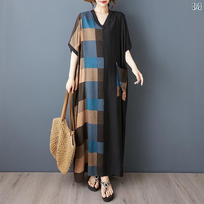 ロングワンピース レディース 大きいサイズ 春夏 花柄配色切り替え 黒 体型カバー 着痩せ ゆったり Vネック レトロ文芸風 Aラインフレア 綿再生繊維 普段使い リラックス