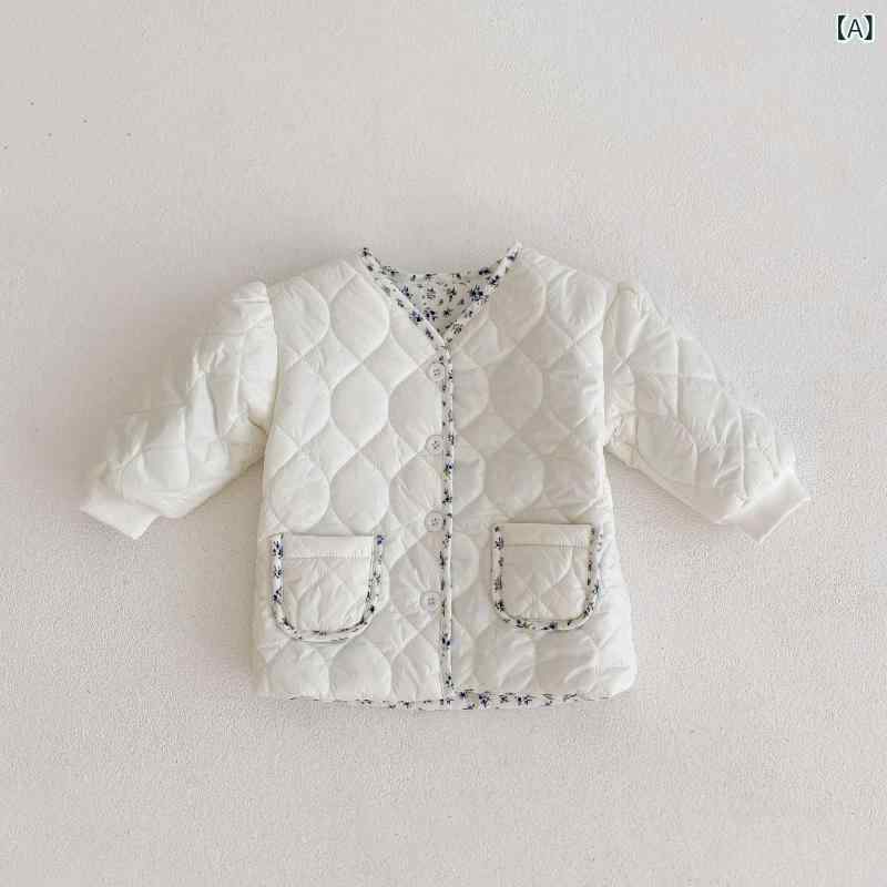コート ベビー 女の子 秋冬 中綿 キルティング ロング丈 厚手 防寒 上品 お嬢様風 Vネック オープンフロント シングルボタン アイボリー 無地 シンプル カジュアル アウター 普段使い お出かけ